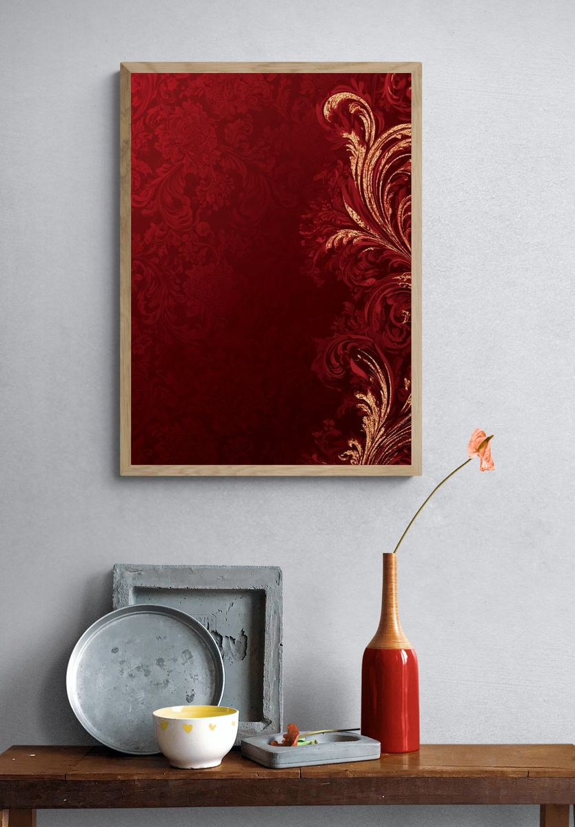 Crimson Baroque Flourish Print. — room view 3
