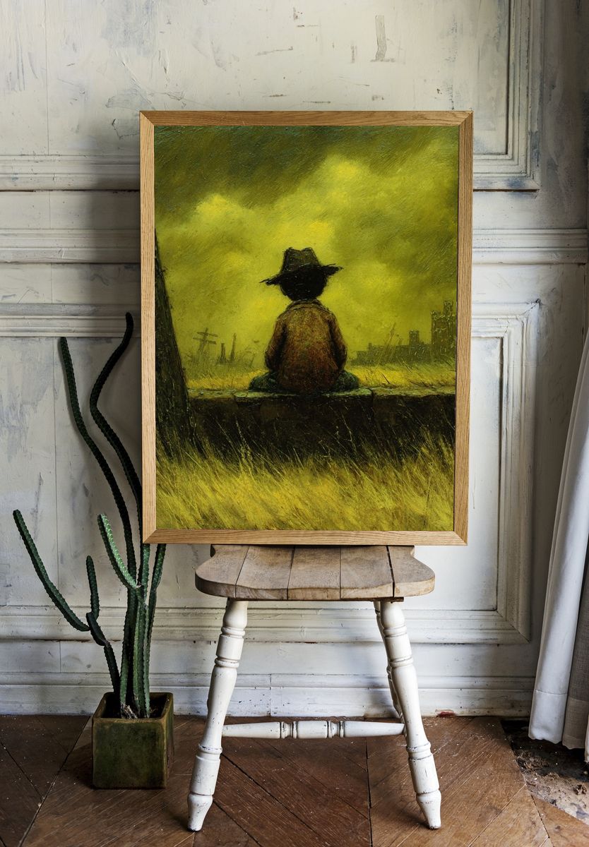 Lonely Cowboy Landscape Print. room preview