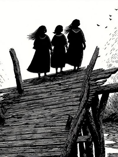 Three Figures on a Bridge Print.