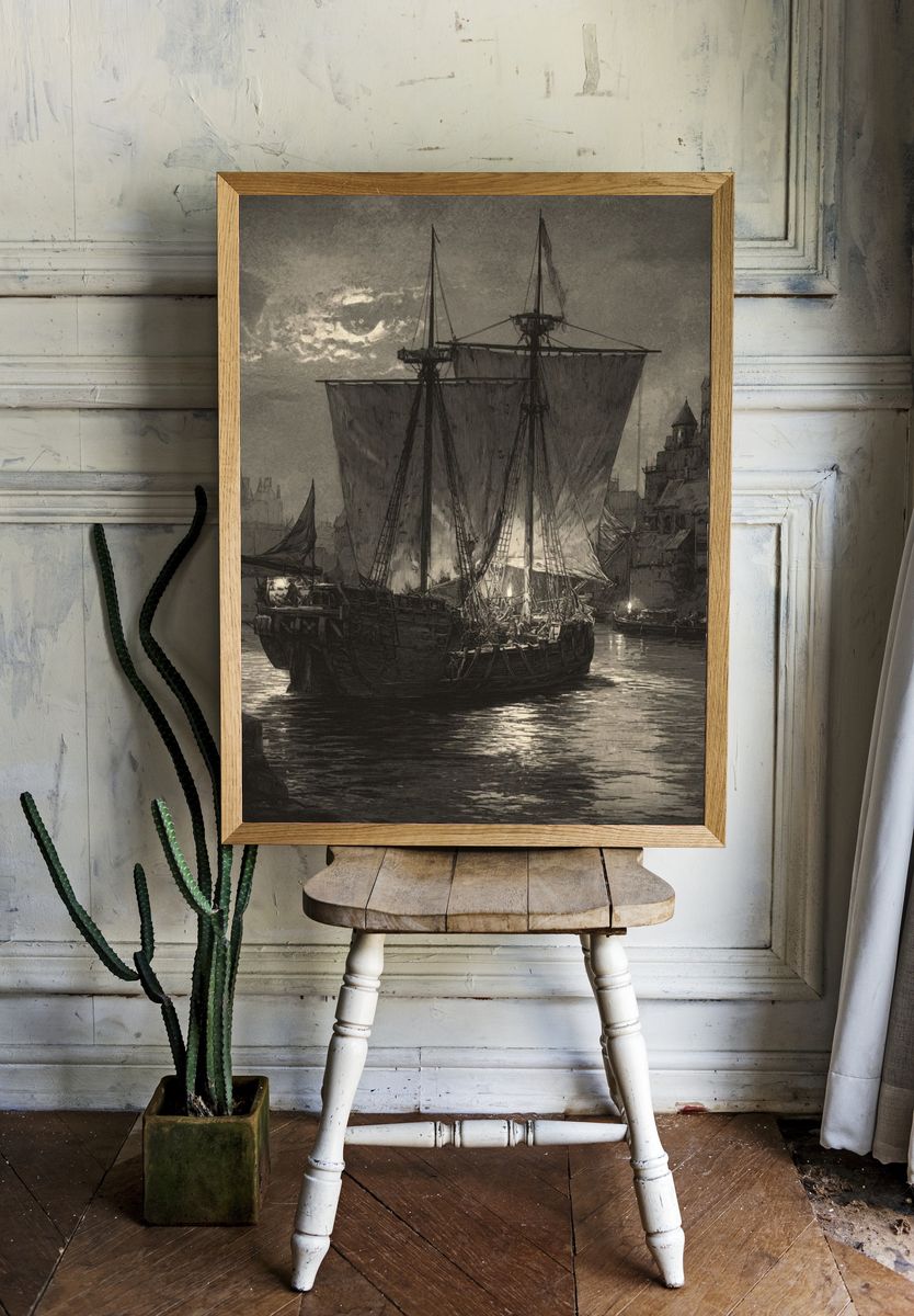 Moonlit Harbor Ship Print. — room view 1