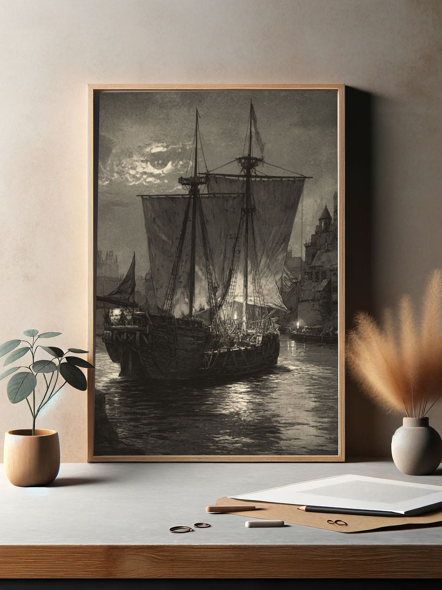 Moonlit Harbor Ship Print. — room view 2