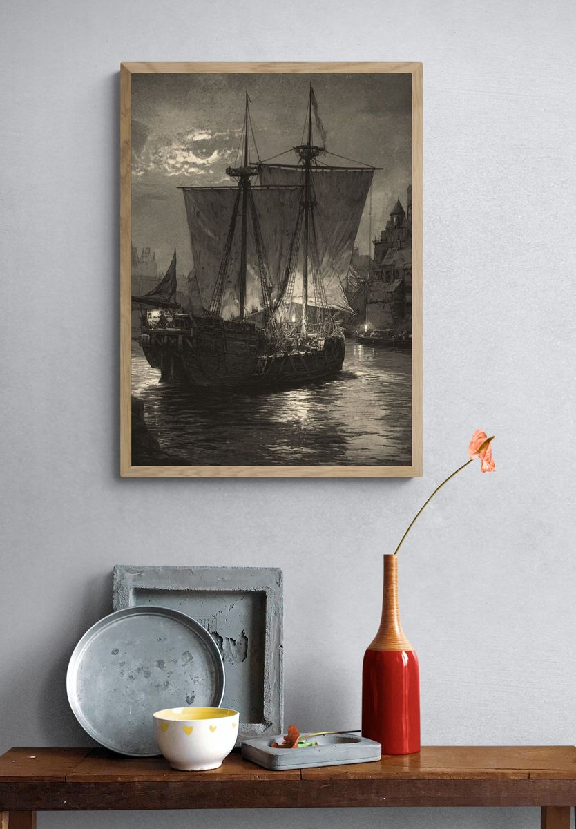 Moonlit Harbor Ship Print. — room view 3