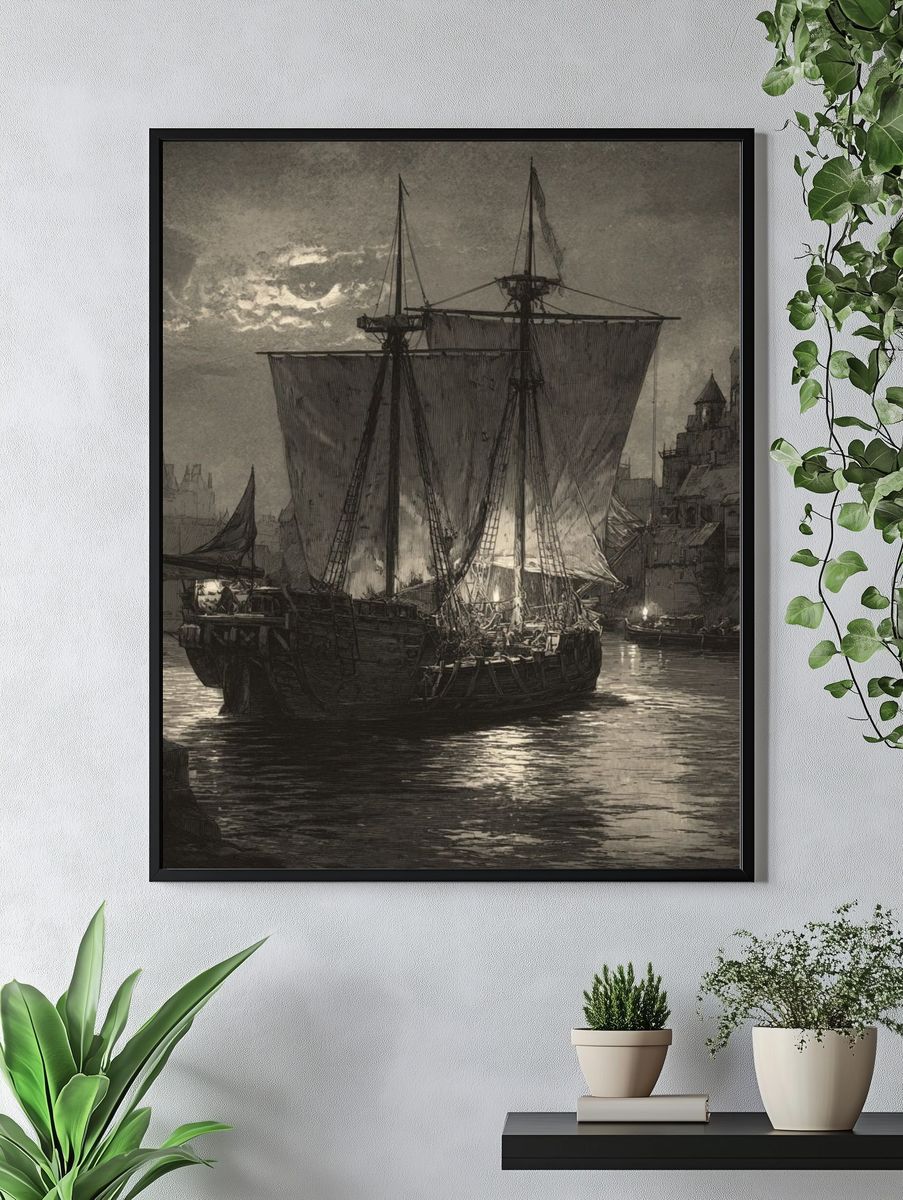 Moonlit Harbor Ship Print. — room view 4
