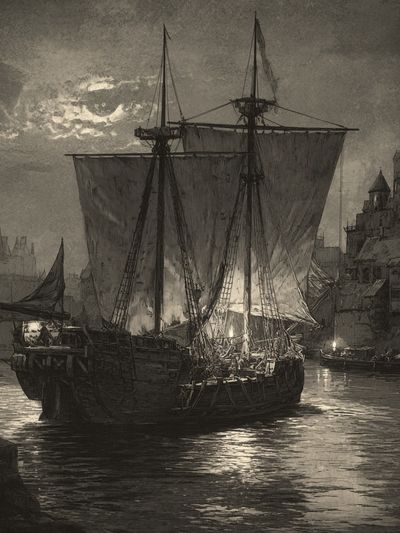 Moonlit Harbor Ship Print. poster