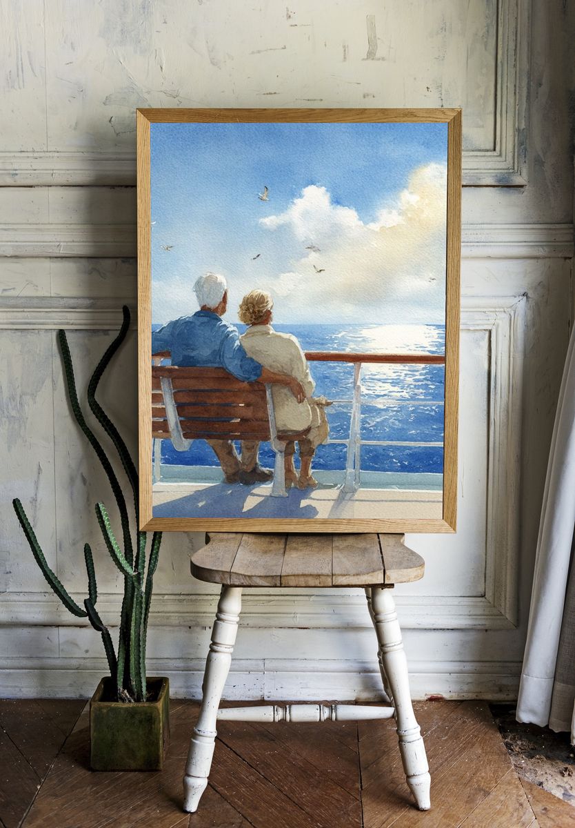 Seaside Couple Watercolor Poster. room preview