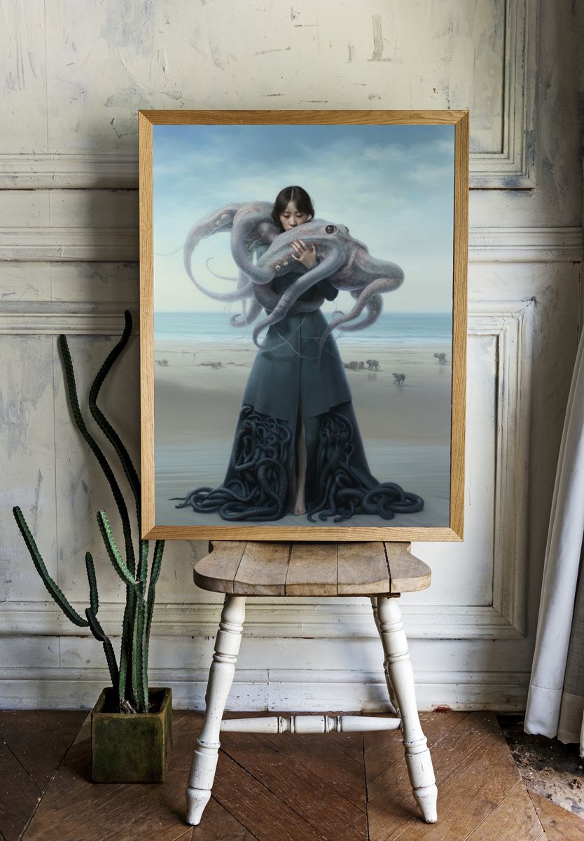 Surreal Octopus Girl Print. room preview
