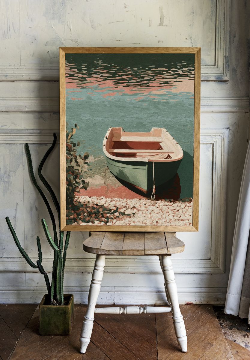 Pastel Rowboat by the Water Poster. — room view 1