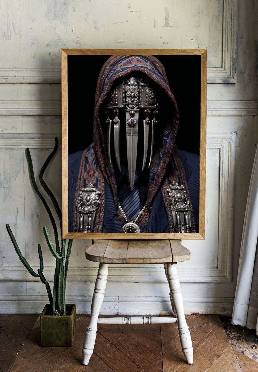 Masked Figure Portrait Print. room preview