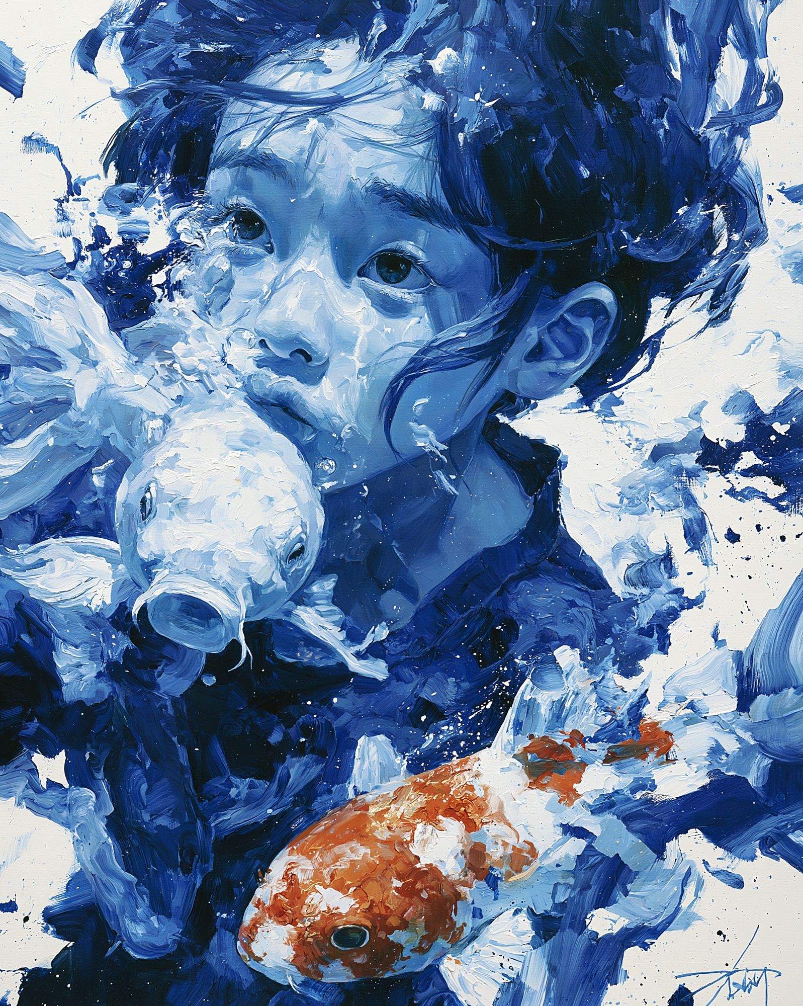 Child with Koi Fish Illustration Poster. poster detail
