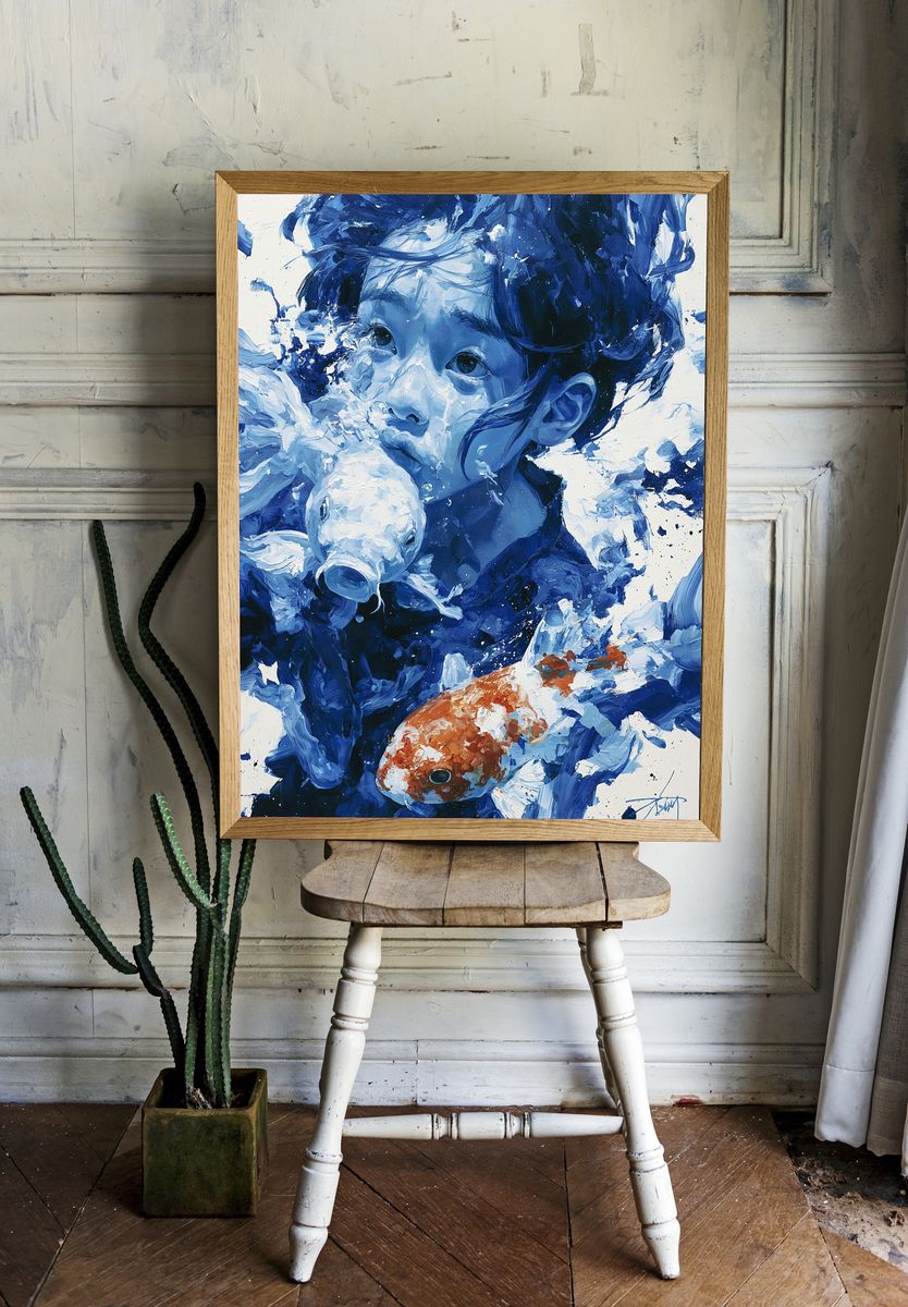 Child with Koi Fish Illustration Poster. — room view 1