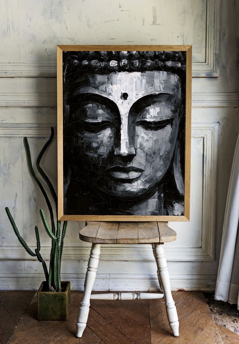 Monochrome Buddha Face Print. — room view 1