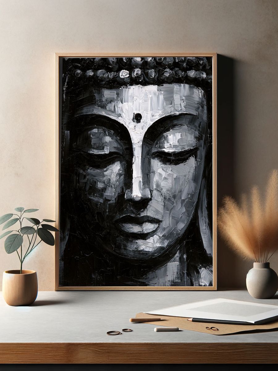 Monochrome Buddha Face Print. — room view 2