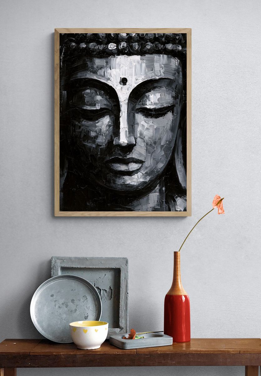 Monochrome Buddha Face Print. — room view 3