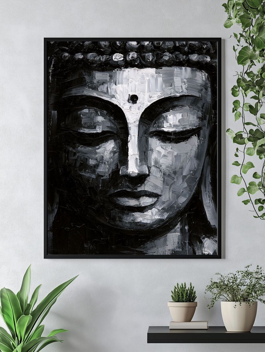 Monochrome Buddha Face Print. — room view 4