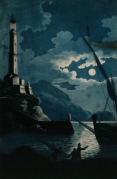 lighthouse Genoa night; ship three. poster