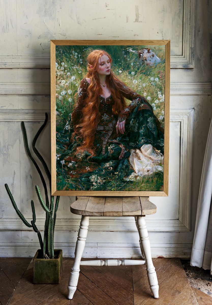 Red-Haired Maiden in Meadow Print. room preview