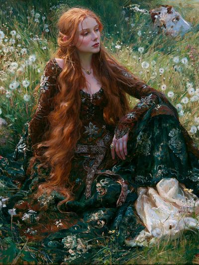 Red-Haired Maiden in Meadow Print. poster