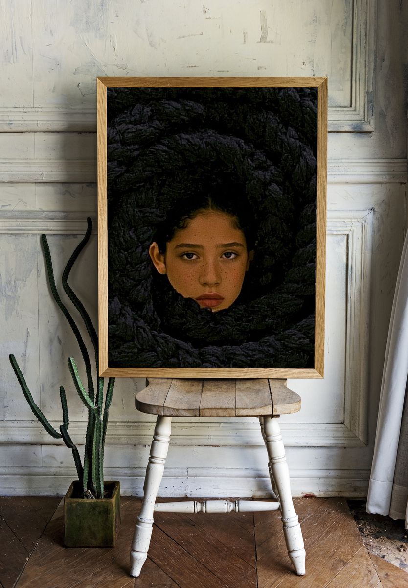 Girl in Dark Floral Wreath Print. room preview
