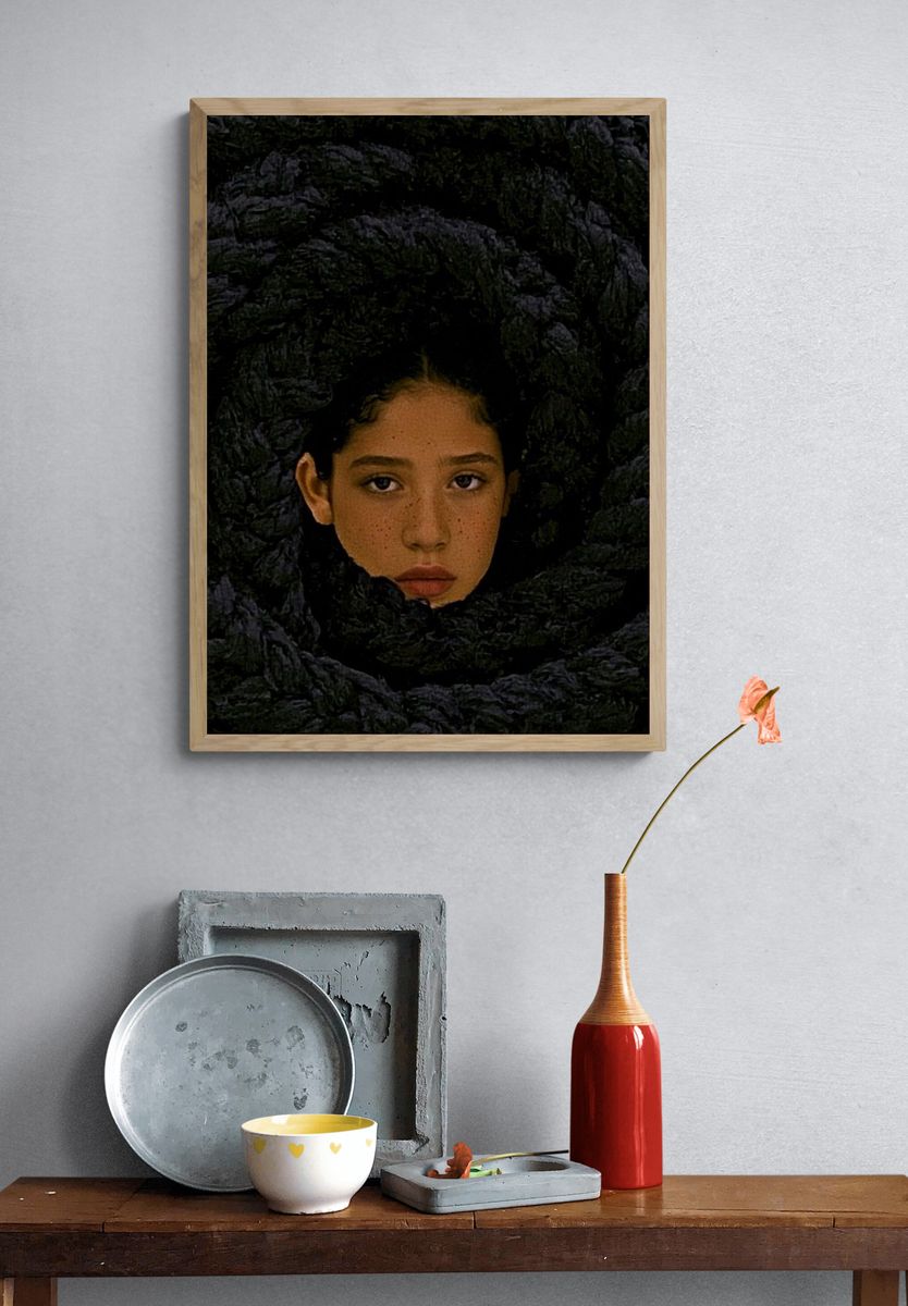 Girl in Dark Floral Wreath Print. — room view 3