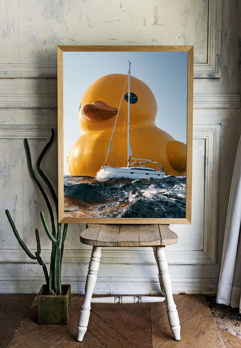 Giant Duck Sailboat Surrealism Print. room preview