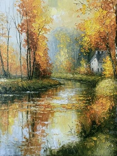 Autumn River Cottage Fine-Art Print. poster — fine-art art