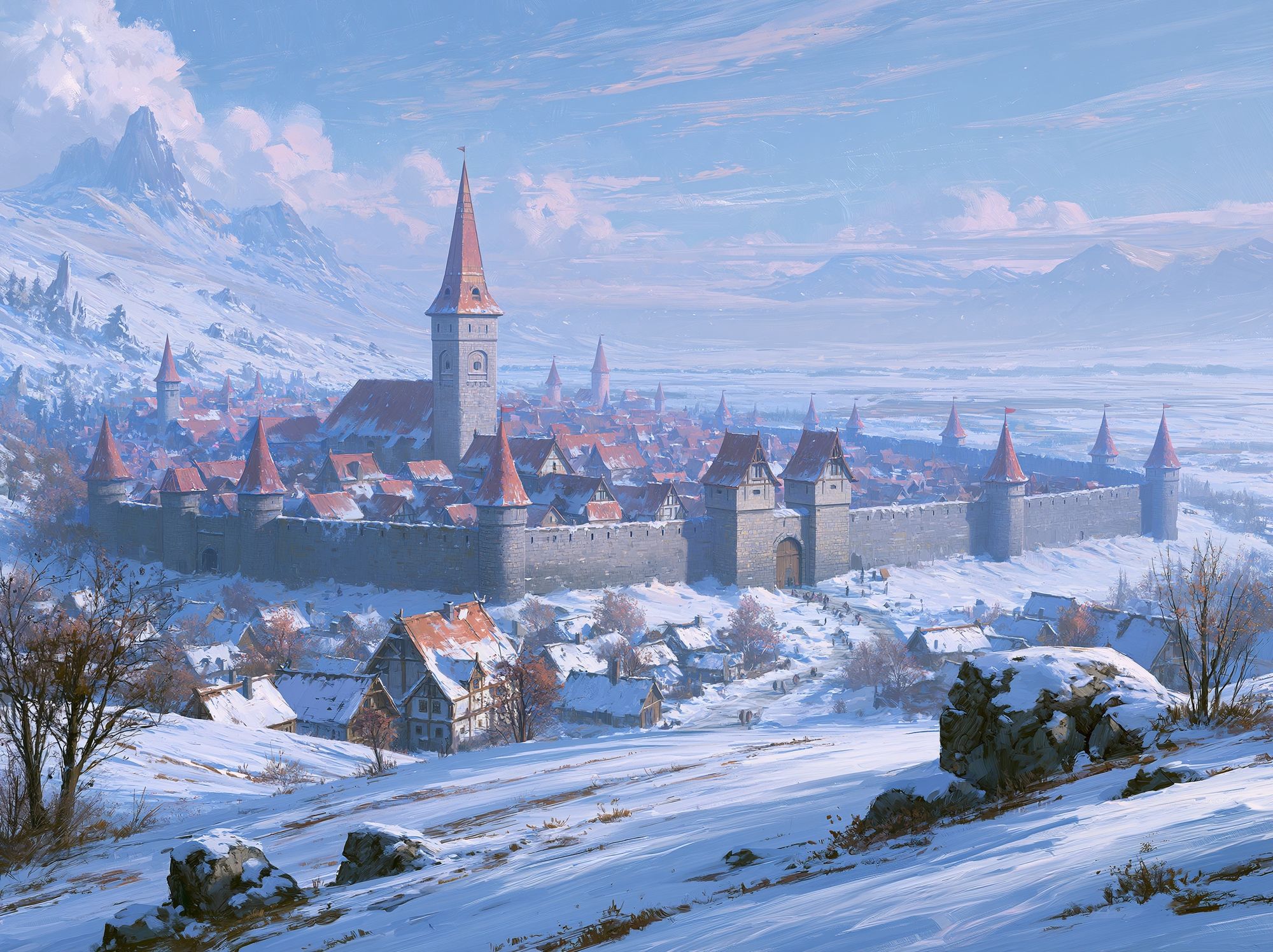 Snowy Medieval Castle Landscape Print. poster detail