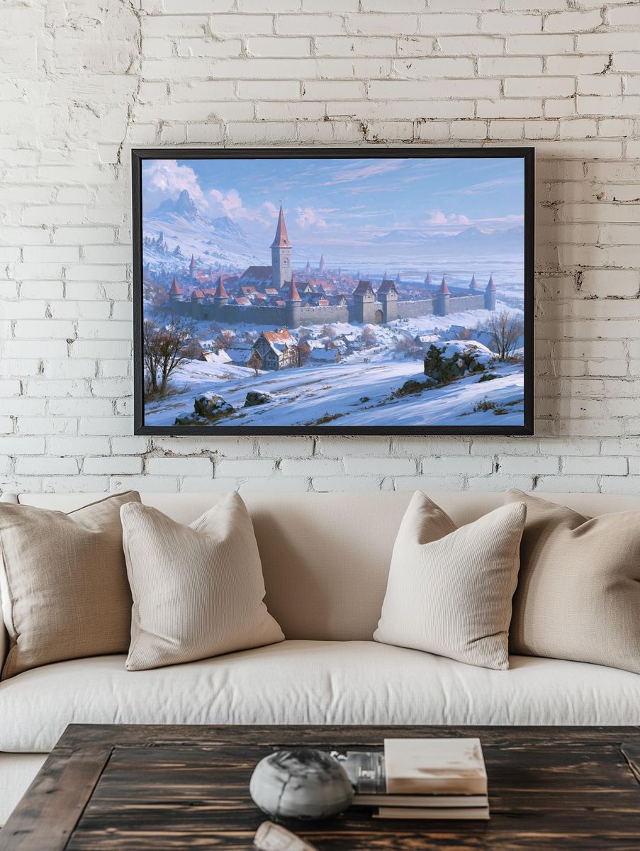 Snowy Medieval Castle Landscape Print. — room view 1