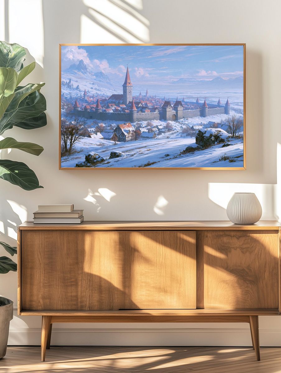 Snowy Medieval Castle Landscape Print. — room view 3