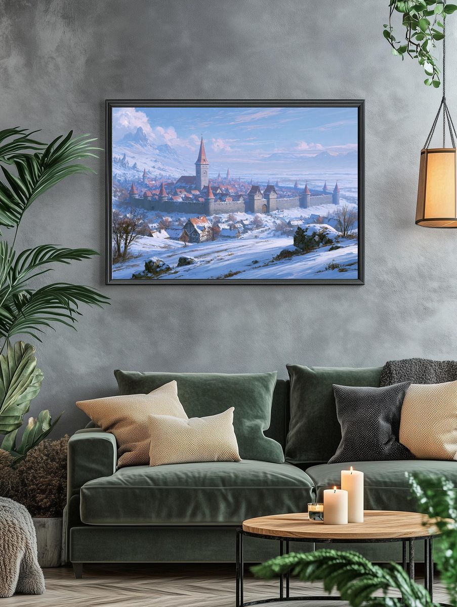 Snowy Medieval Castle Landscape Print. — room view 4
