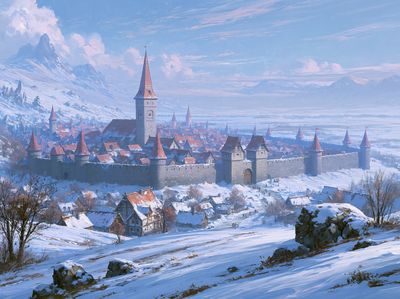Snowy Medieval Castle Landscape Print. poster