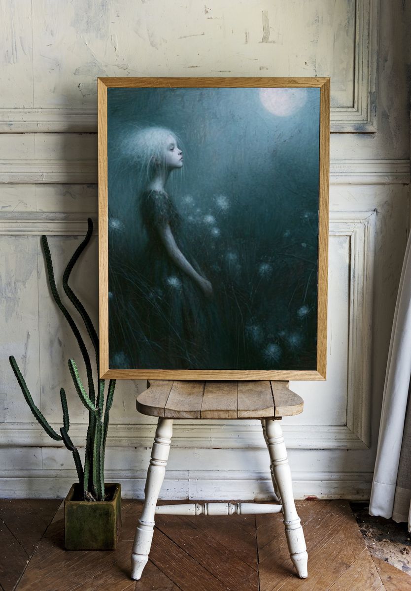 Moonlit Girl in the Meadow Print. — room view 1