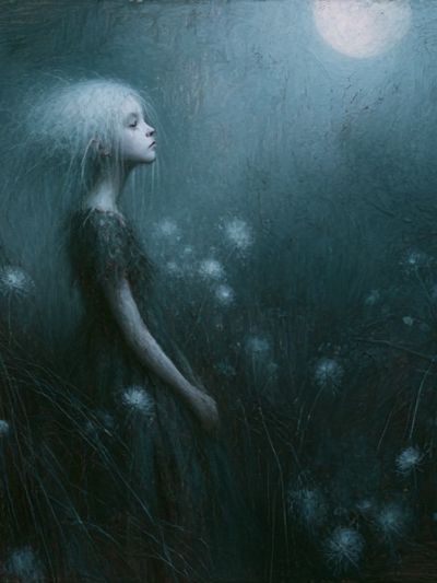 Moonlit Girl in the Meadow Print. poster