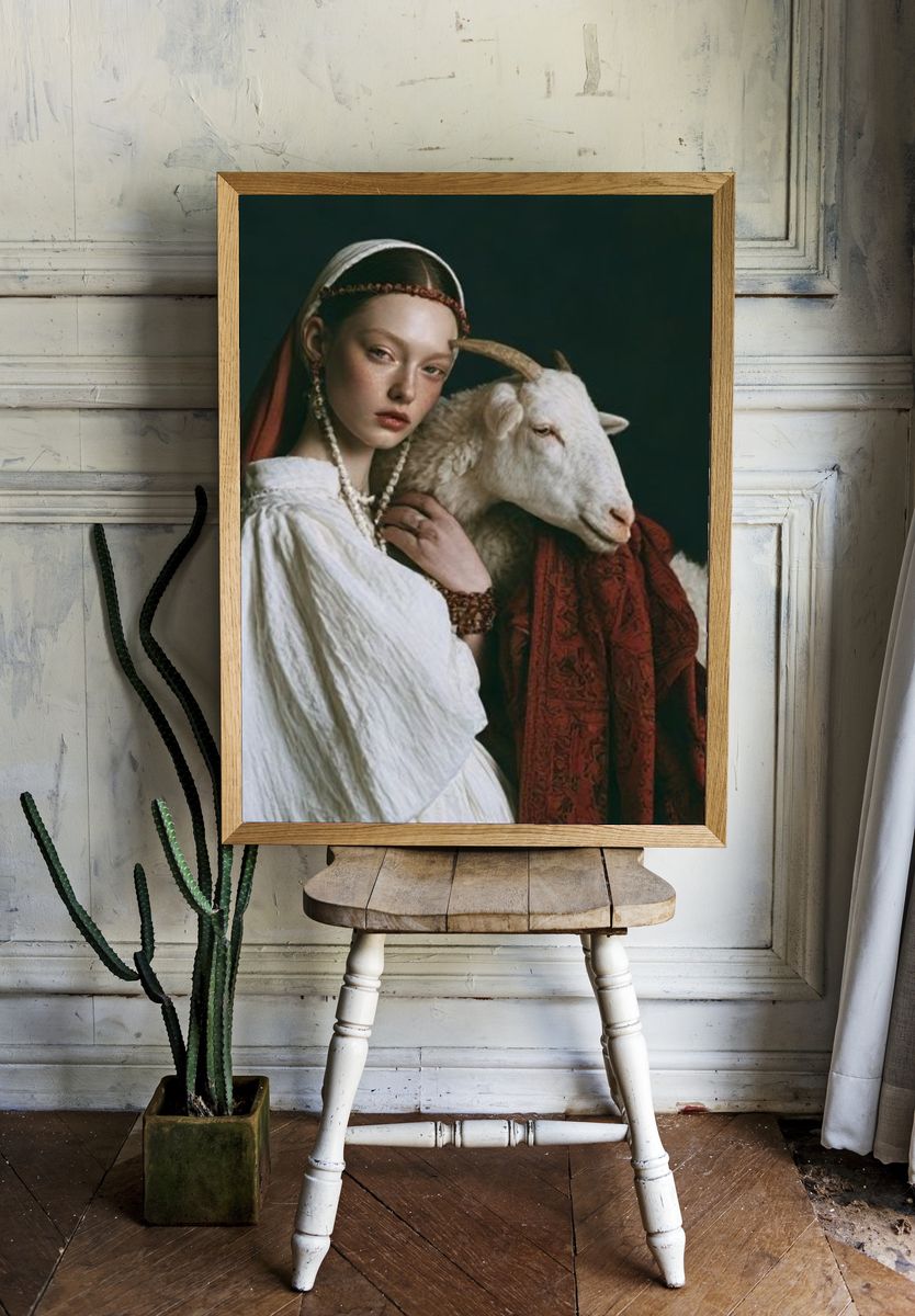 Girl with Goat Portrait Print. — room view 1