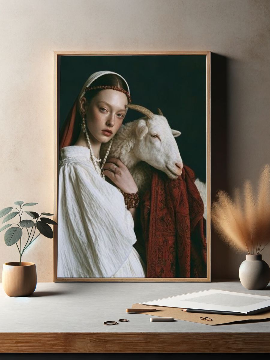 Girl with Goat Portrait Print. — room view 2