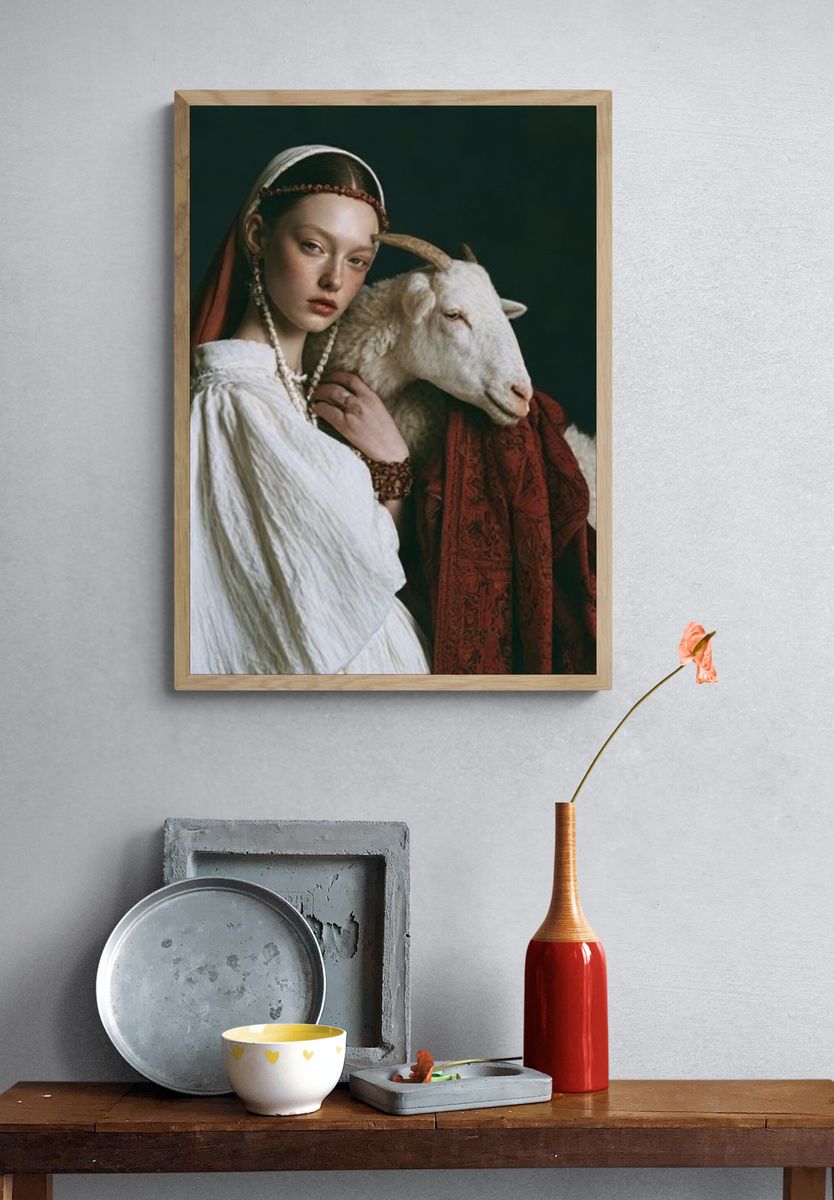 Girl with Goat Portrait Print. — room view 3