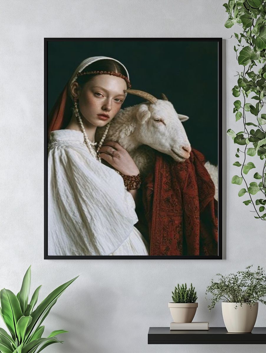 Girl with Goat Portrait Print. — room view 4