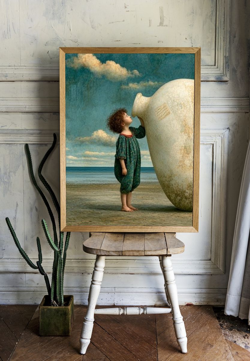 Child and Vessel Surrealism Print. — room view 1