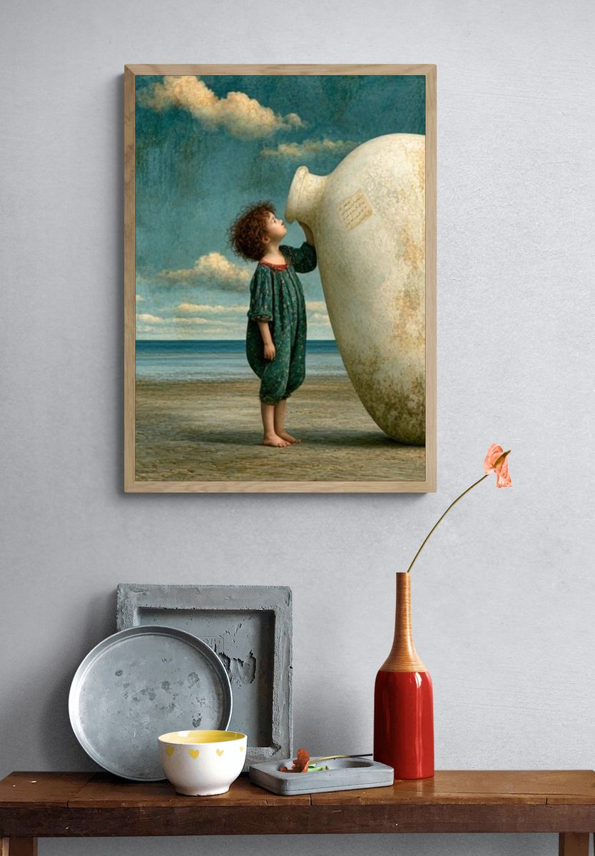 Child and Vessel Surrealism Print. — room view 3