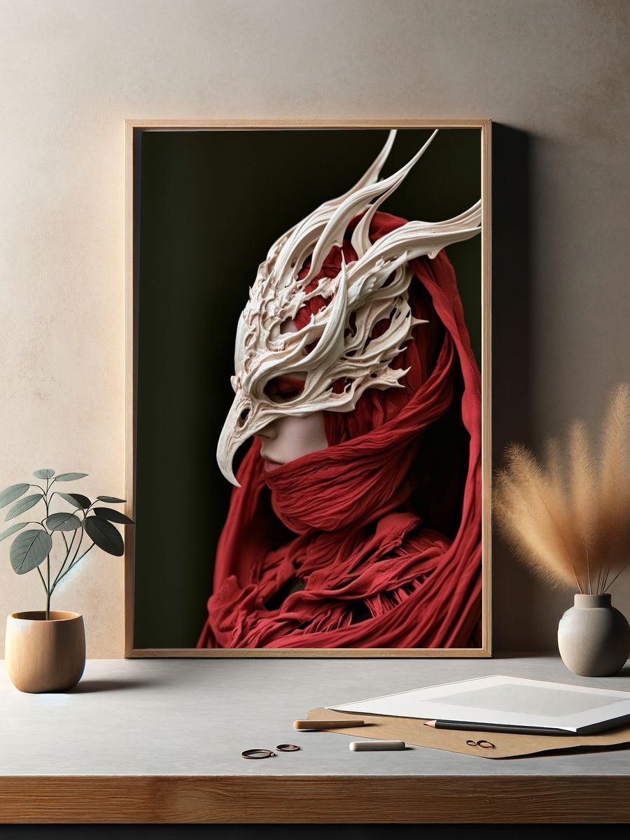 Crimson Mask Portrait Print. — room view 2