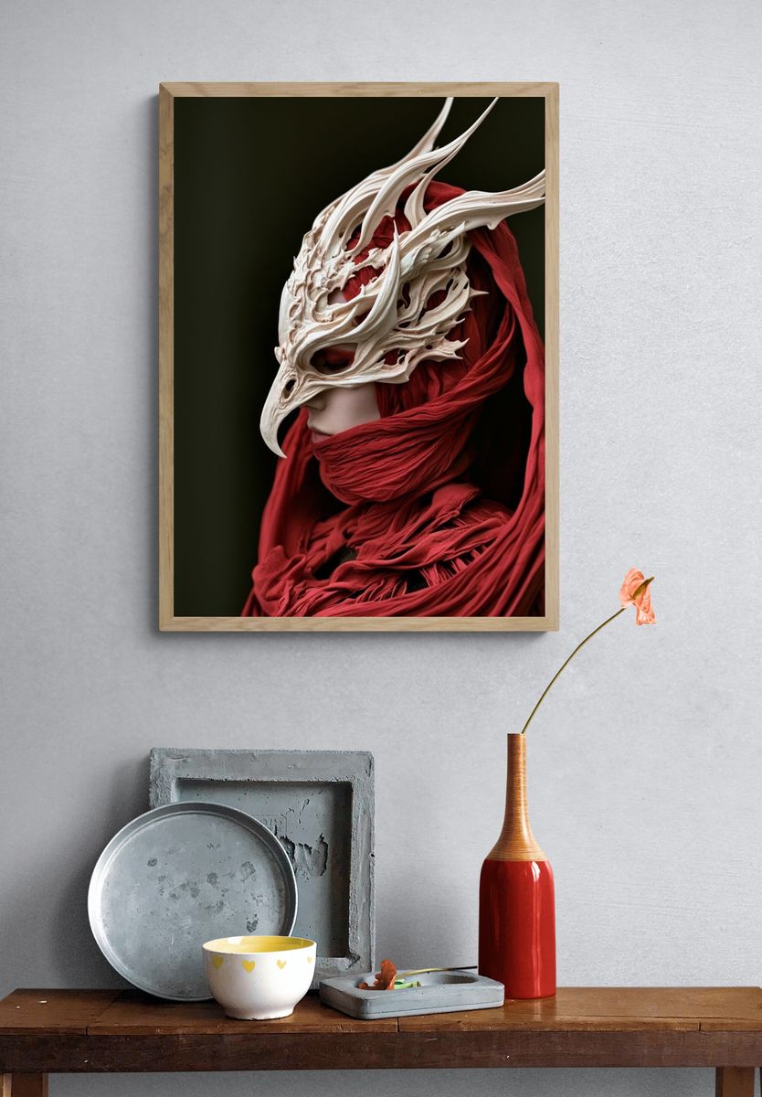 Crimson Mask Portrait Print. — room view 3