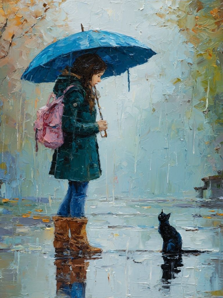 Girl with Umbrella Rainy Street Print. poster — fine-art art