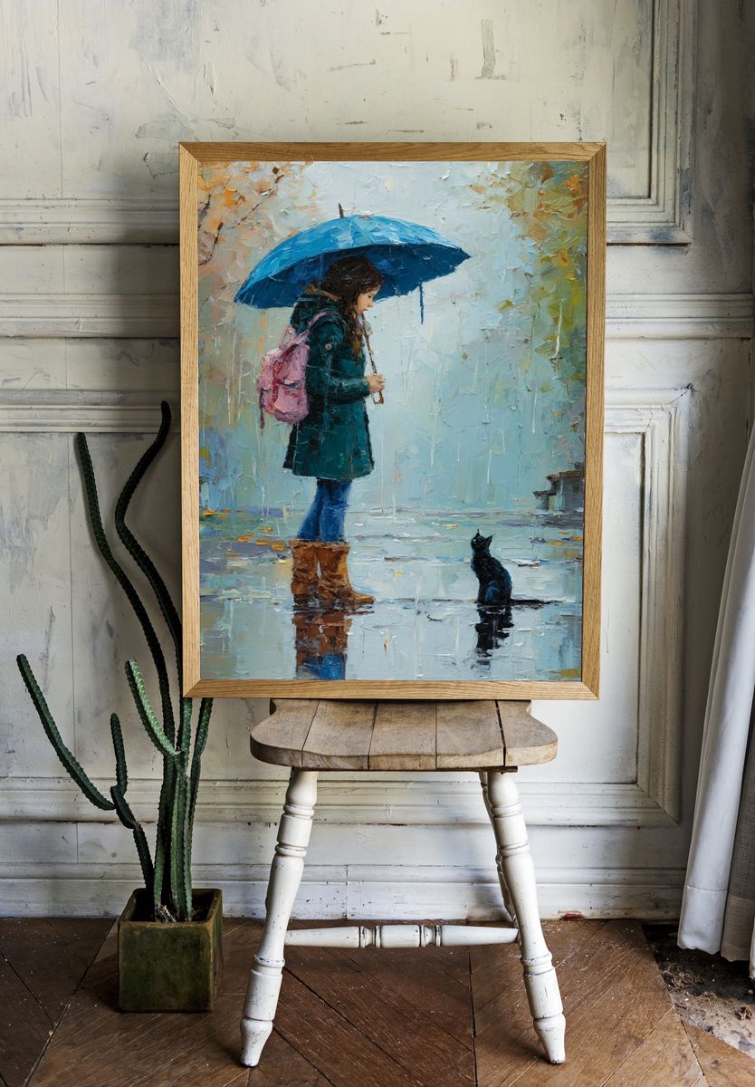 Girl with Umbrella Rainy Street Print room preview