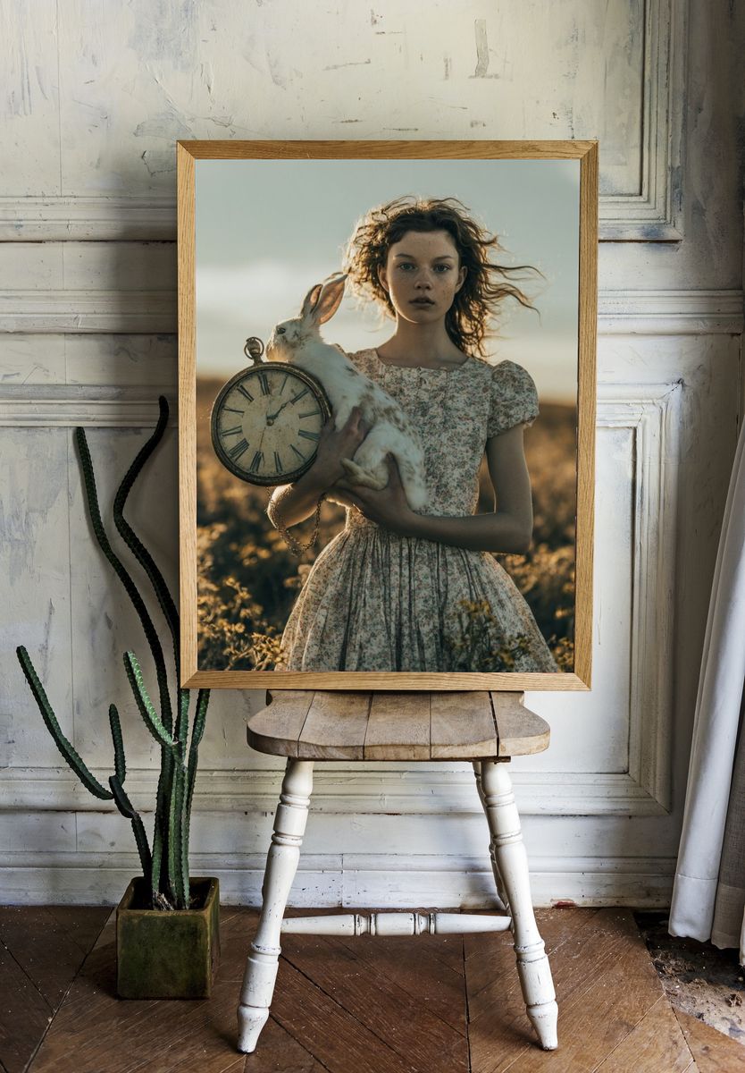 Alice with Rabbit and Clock Print. room preview