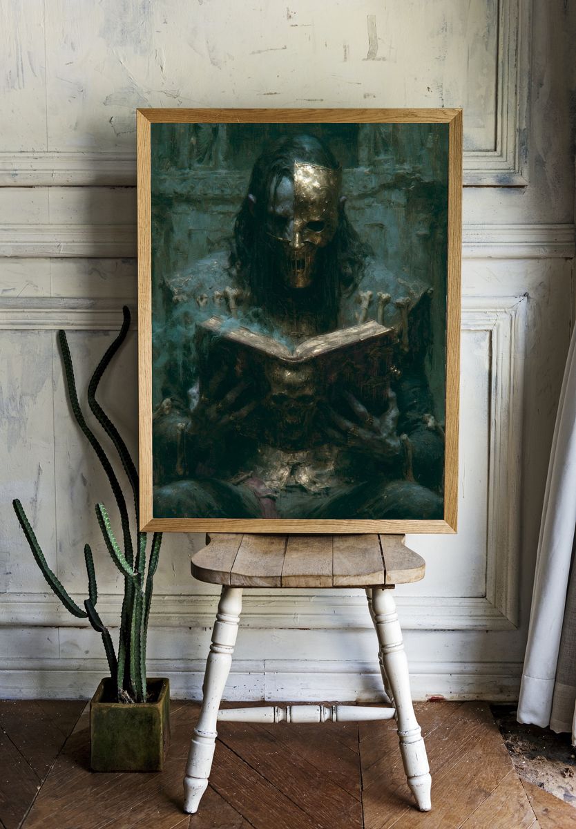 Masked Reader Dark Fantasy Print. room preview