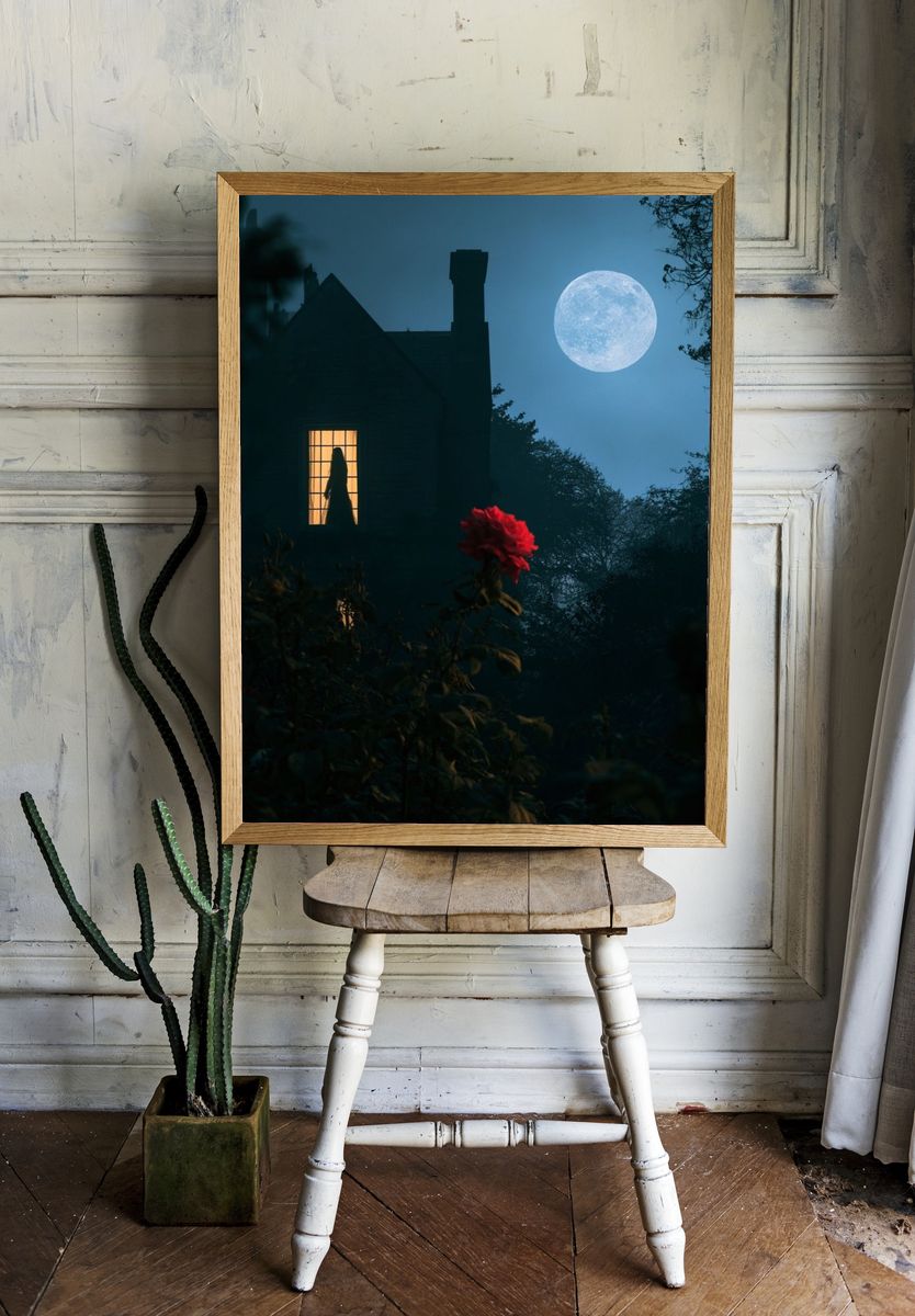 Moonlit House with Red Rose Poster. — room view 1