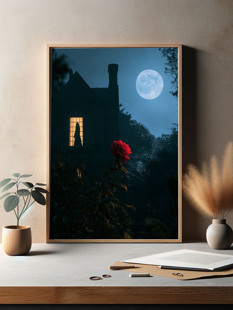 Moonlit House with Red Rose Poster. — room view 2