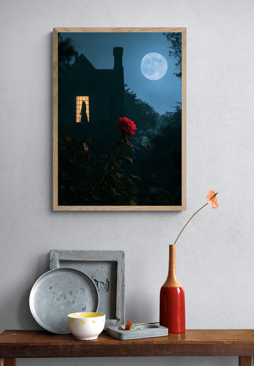Moonlit House with Red Rose Poster. — room view 3