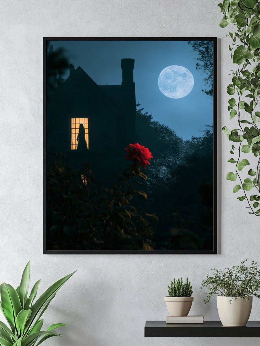 Moonlit House with Red Rose Poster. — room view 4
