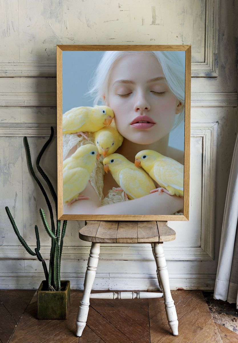Dreamlike Portrait with Yellow Birds Poster. room preview