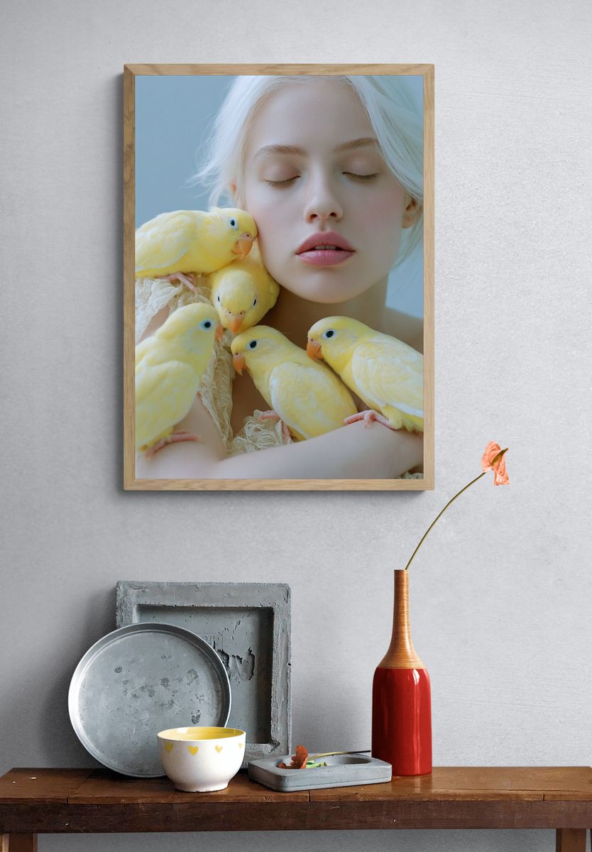 Dreamlike Portrait with Yellow Birds Poster. — room view 3